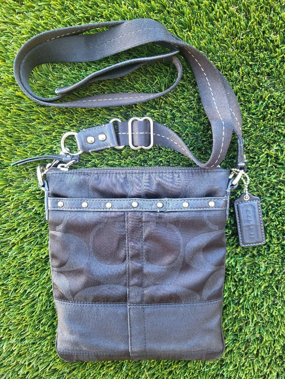 Coach Black Signature Stripe Studded Shimmer File Crossbody Bag
